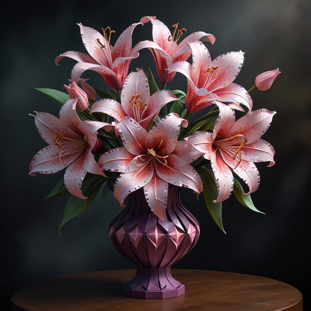 Shimmering Paper Origami Vase with Pink Lilies