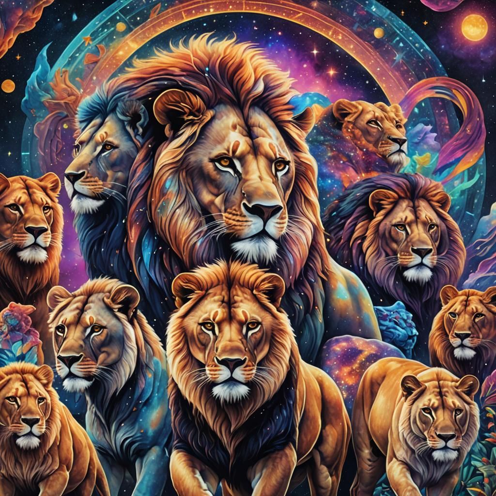 Lions in Astral Cosmic Holographic Illustration