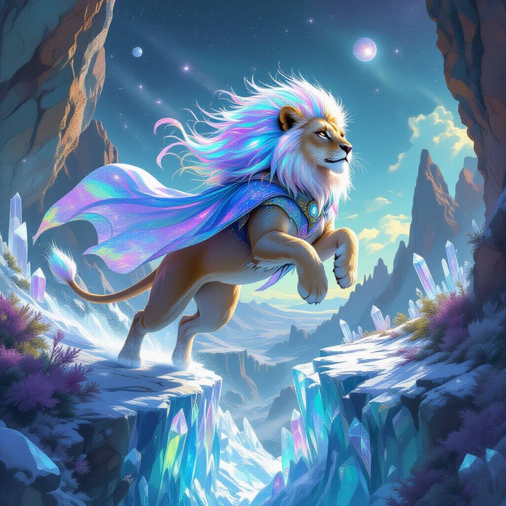 Celestial Lioness Leaping Across Alien Chasm
