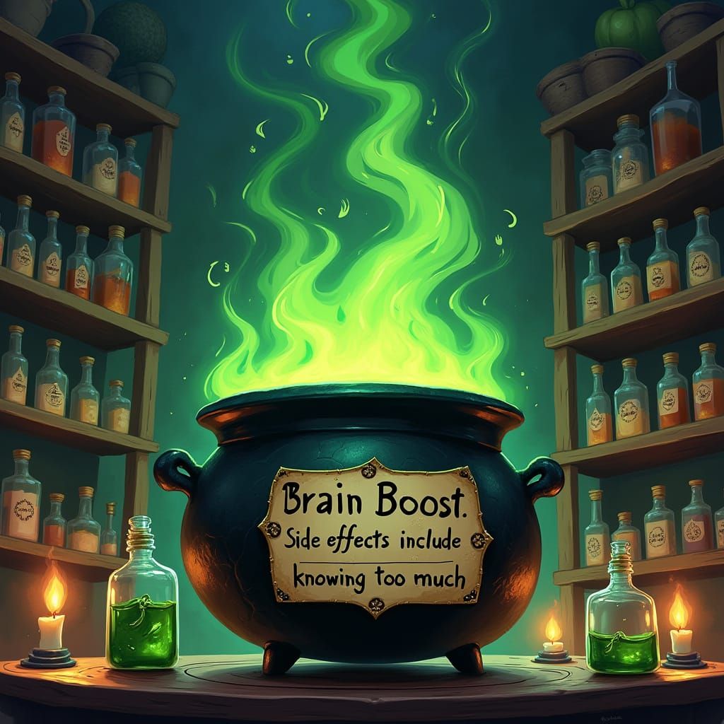 Dark Fantasy Cauldron Scene with Whimsical Ingredients and M...