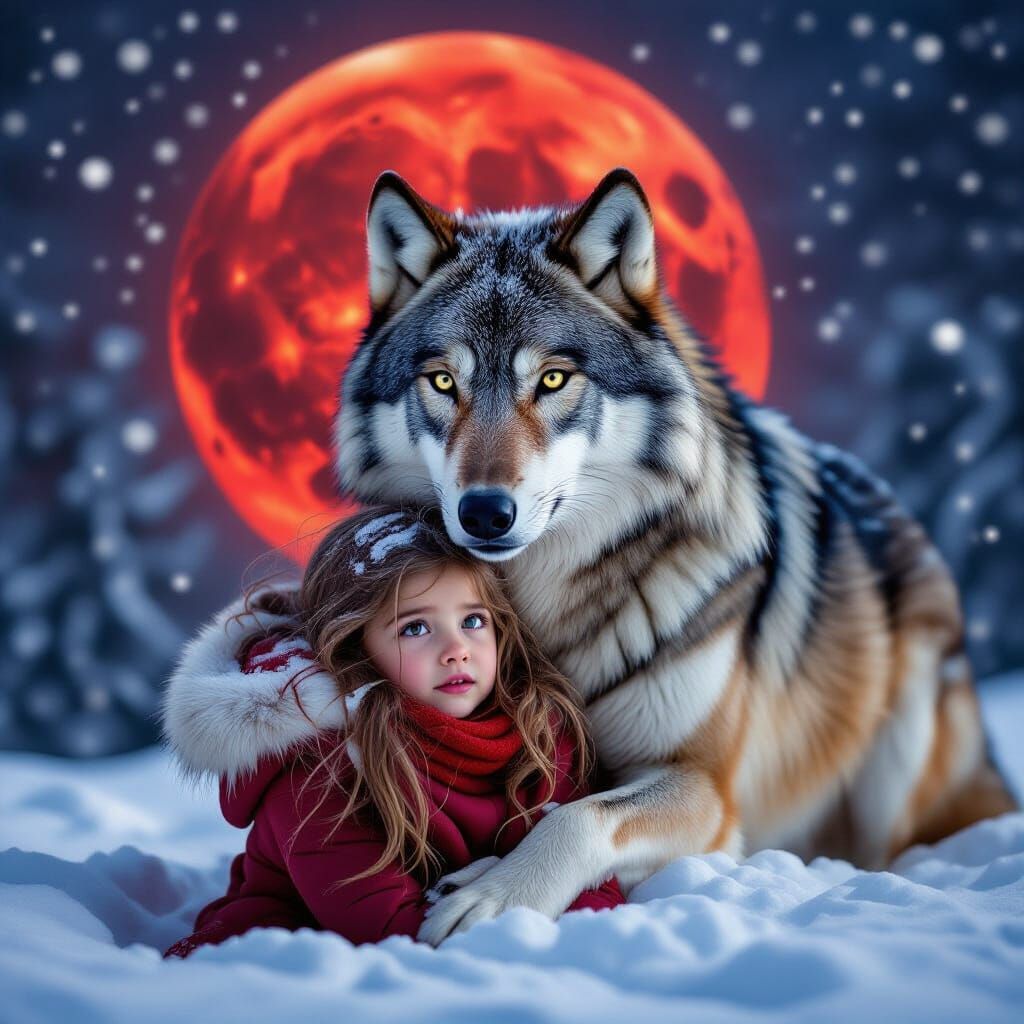 Wolf Protecting Girl Under Blood Red Moon