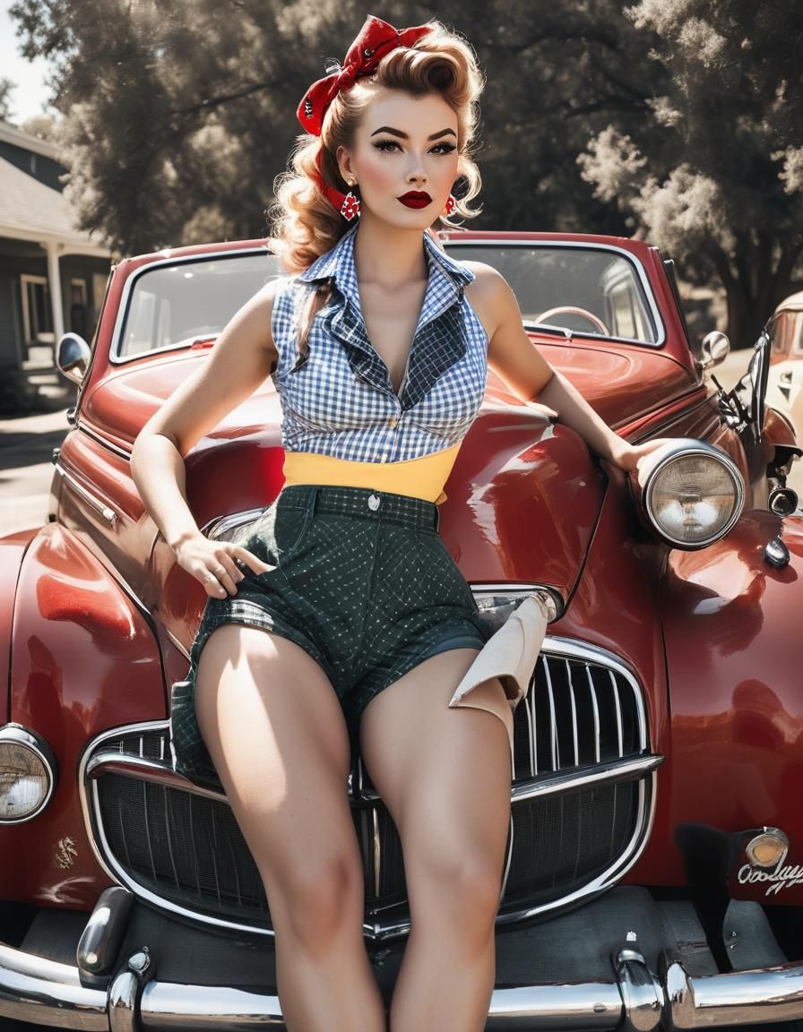 Pin-Up Girl Lounging on a Vintage Car