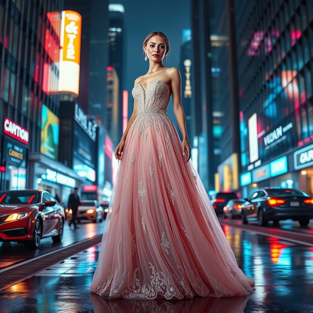 Luxurious Evening Goddess in Neon Cityscape