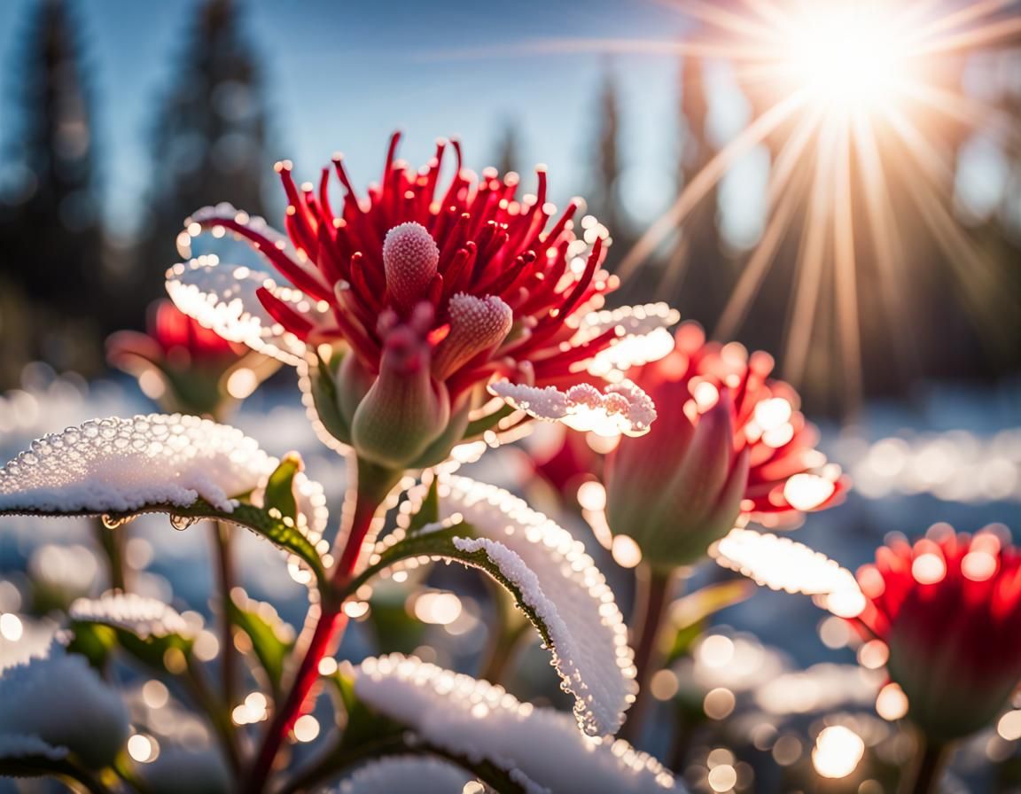 Iced Red Flower in Sunlight: Macro Photography