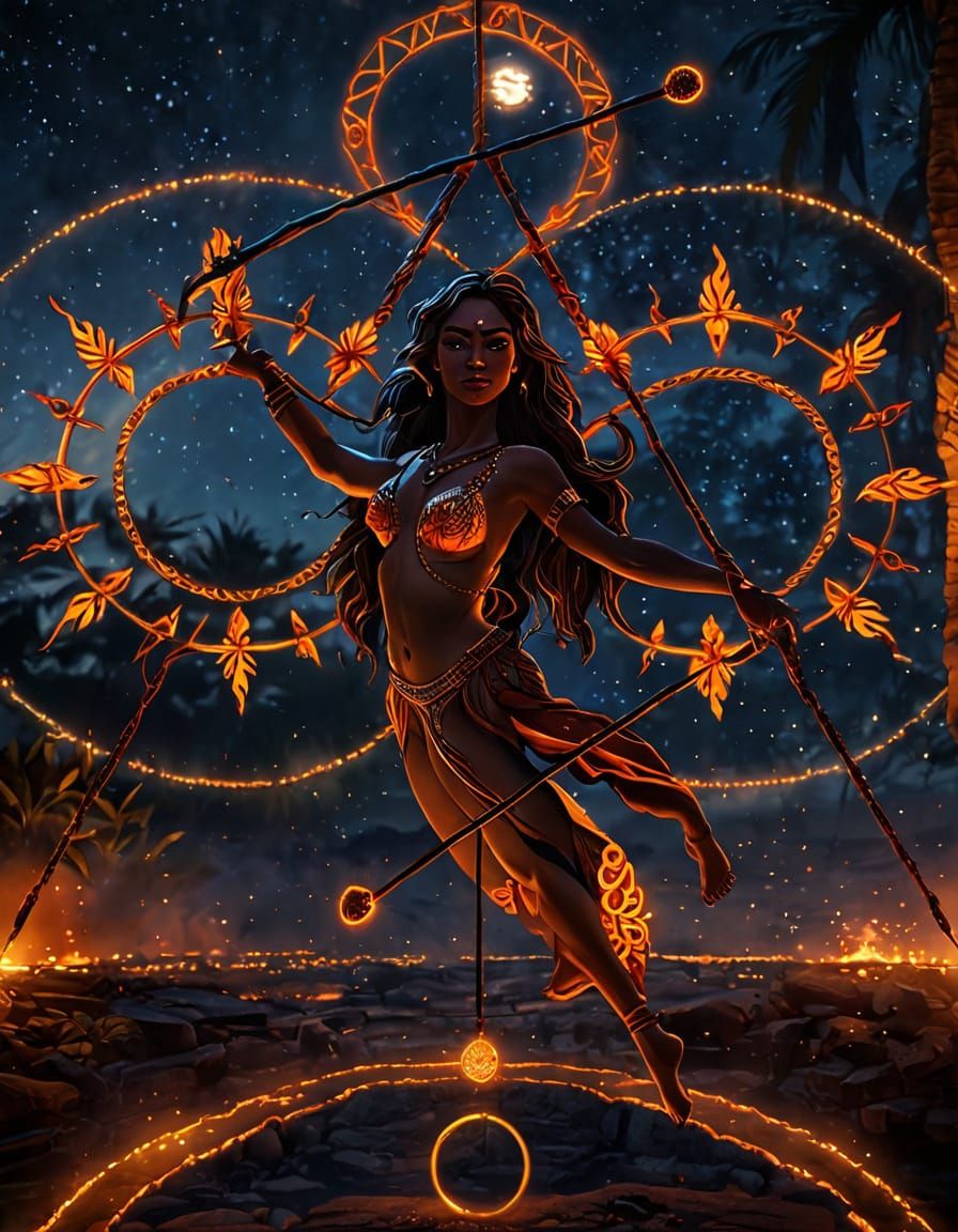 Sultry Polynesian Fire Dancer Dances Under Golden Hour