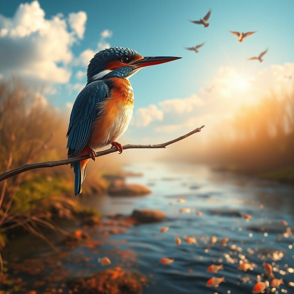 River Kingfisher in Vibrant Art Nouveau Style