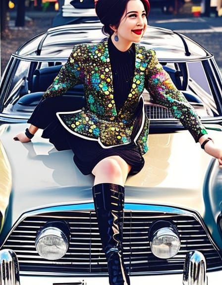 Woman sitting on the hood of an old car