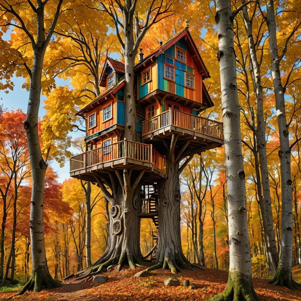 Colorful Treehouse in Autumn Beech Tree
