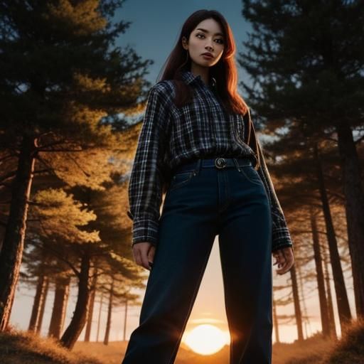 Woman in Plaid Shirt at Forest Sunset