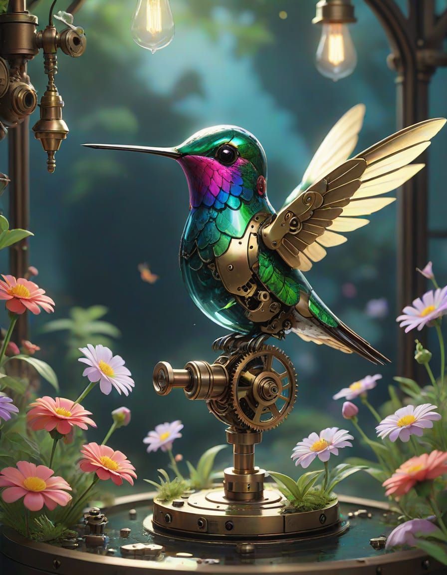 Steampunk Hummingbird in Vibrant Watercolor Style