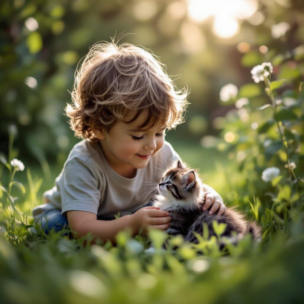 Boy and Kitten Play in Garden Black and White Photo