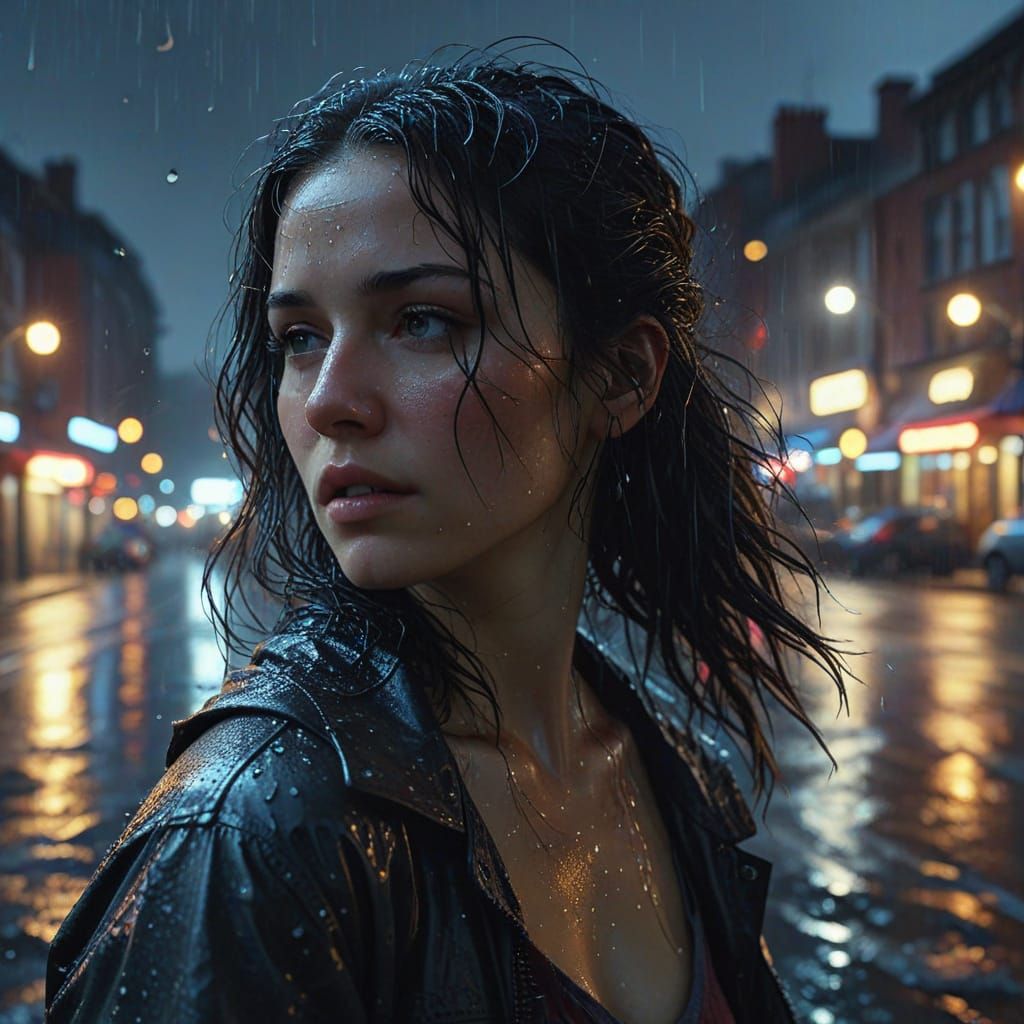 Surreal City Goddess in Rainy Night Splendor