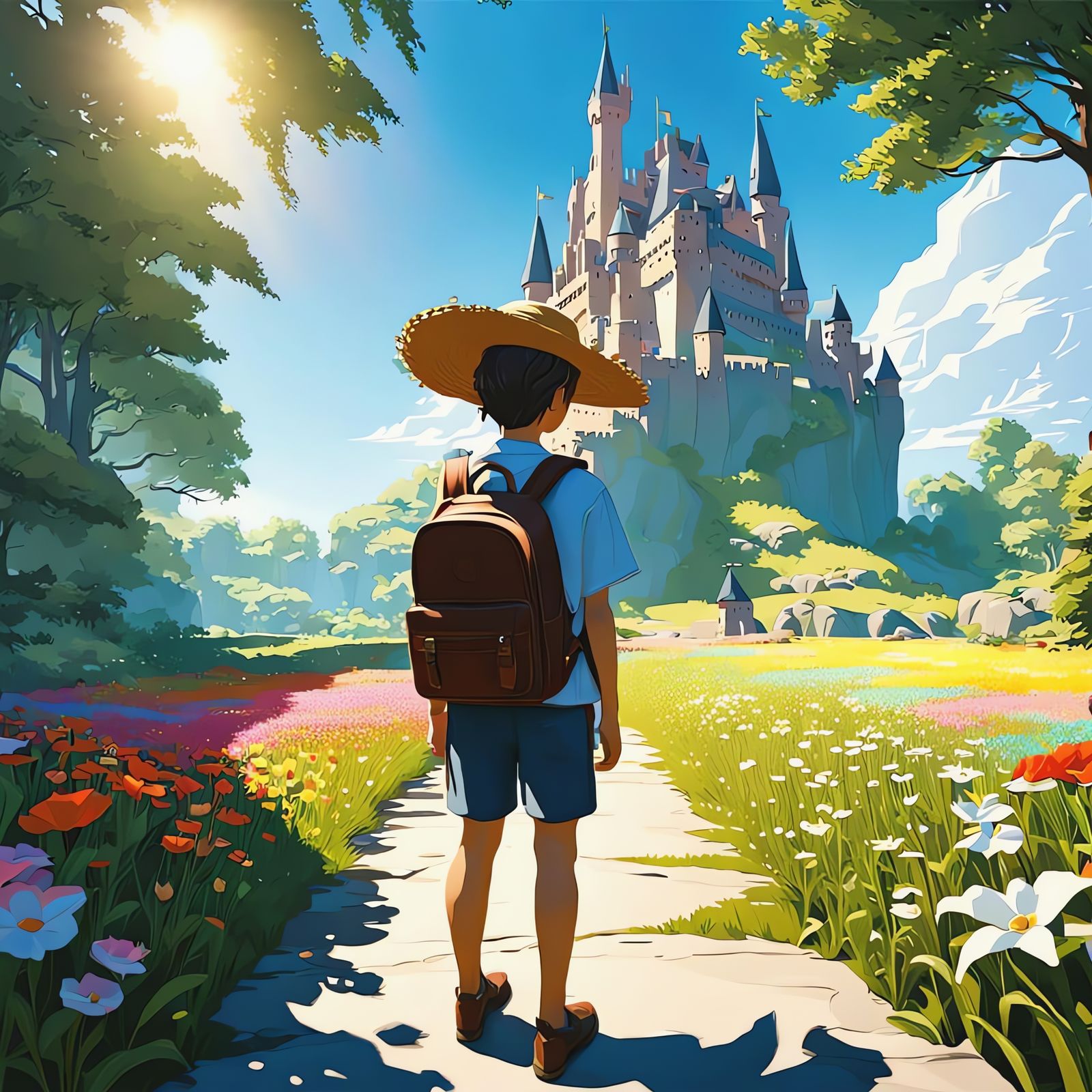 Young Adventurer Stands Before Majestic Castle in a Vibrant ...