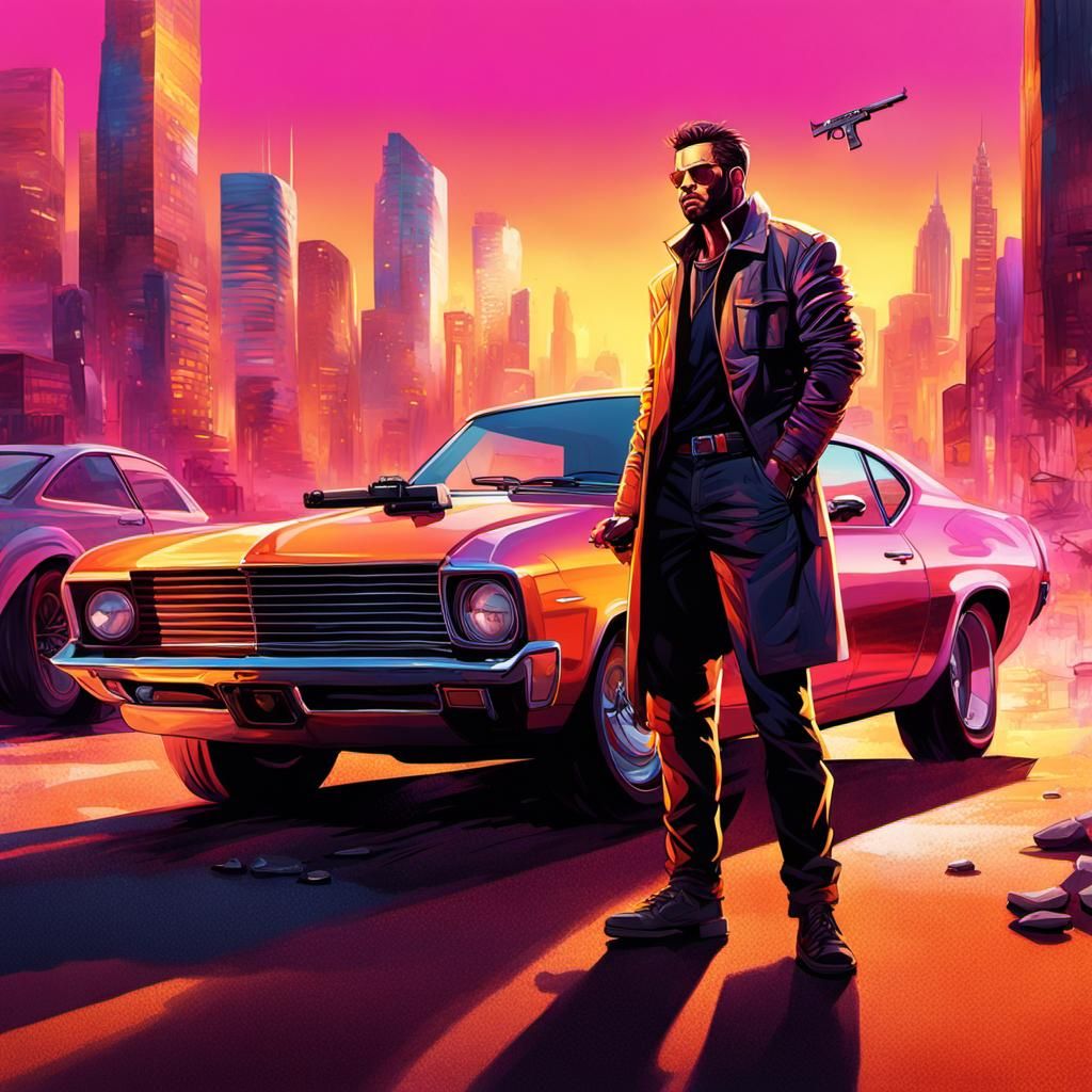 Hyperrealistic Man with Gun Beside Car