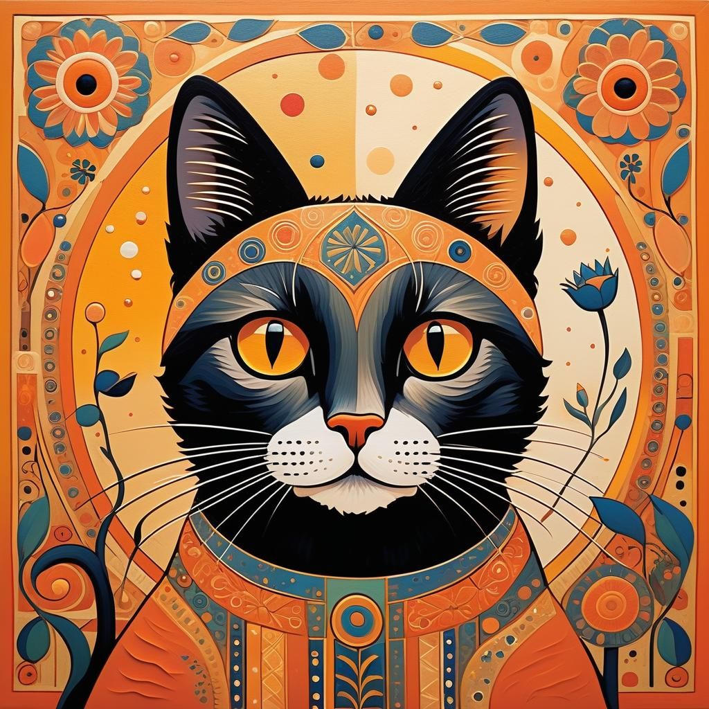 Folk Art Cat with Abstract Elements