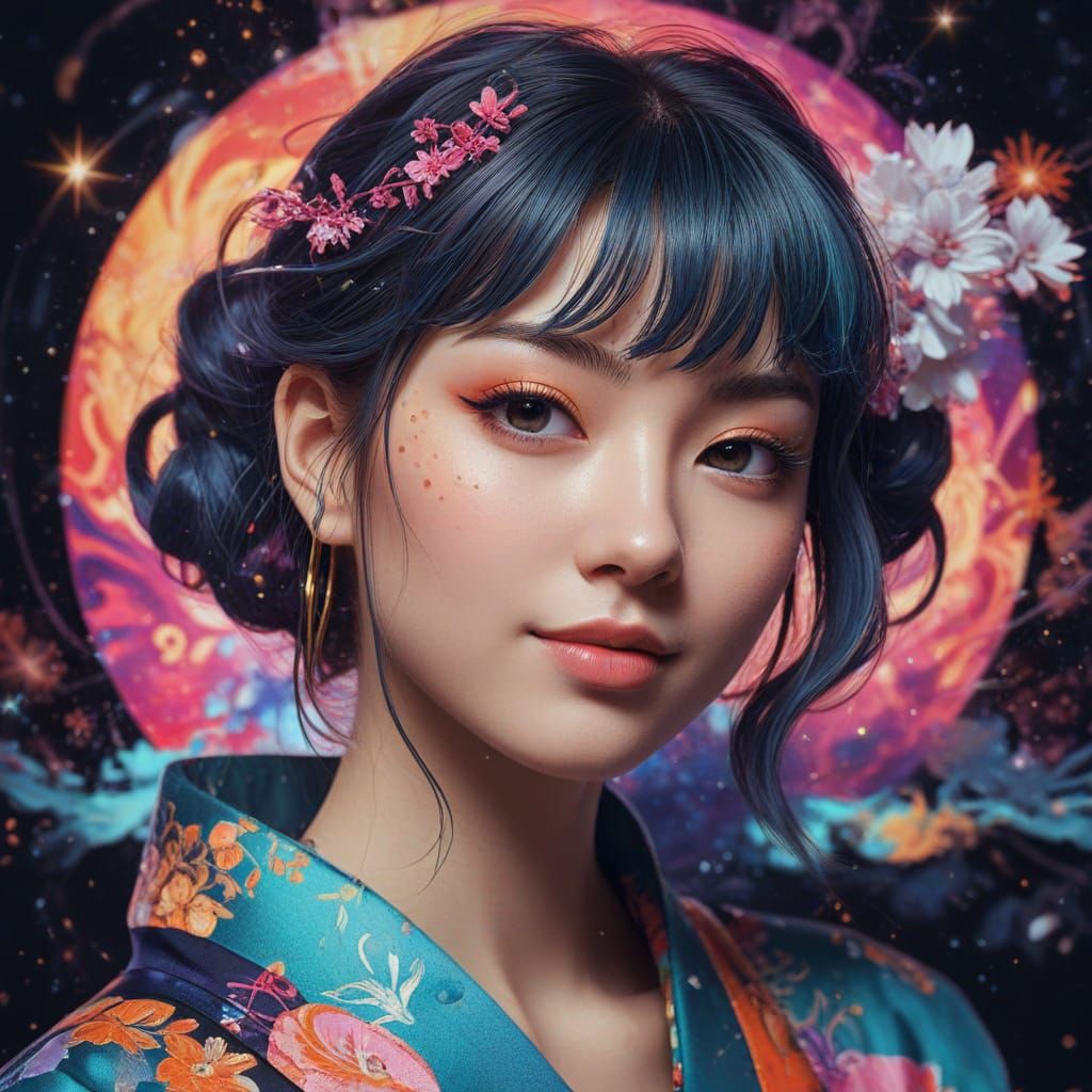 Dreamy Manga Portrait with Vibrant Japanese Patterns