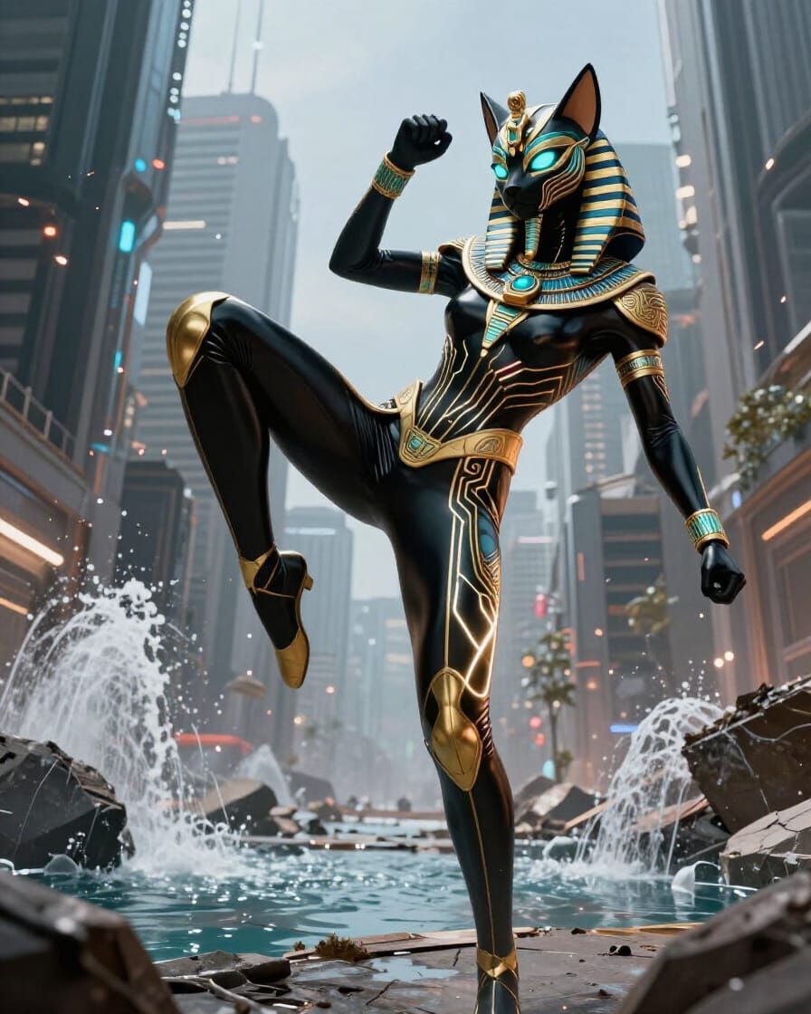 Cyberpunk Bastet in Egyptian Armor