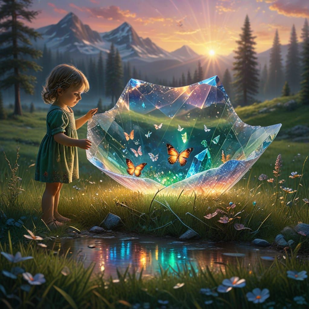 Child Plays in Starlight Meadow with Crystal Mountains