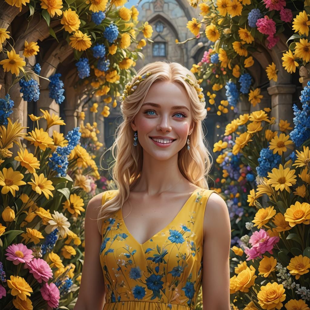 Blond Girl in Yellow Dress Among Flowers, Fantasy Art