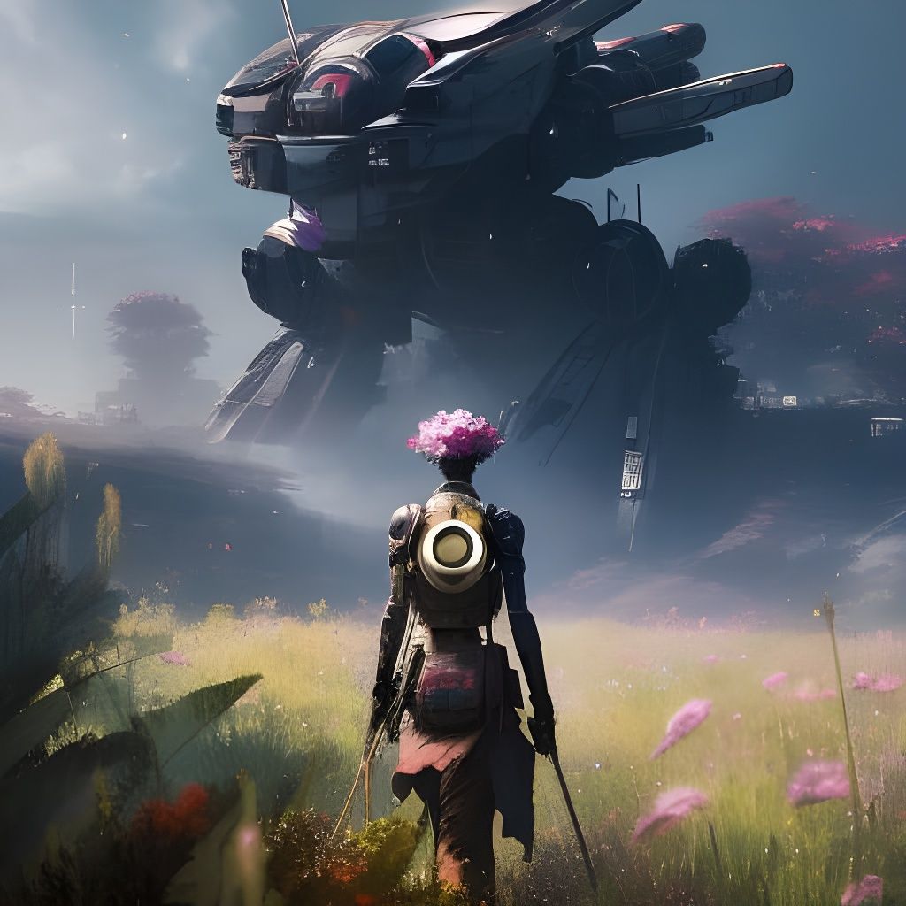 Flower Robot Overlooks Dystopian Landscape: Manga Collage