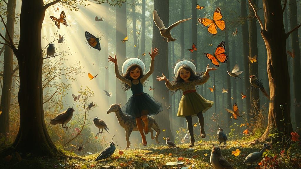 Surreal Forest Scene with Floating Creatures in Soft Light