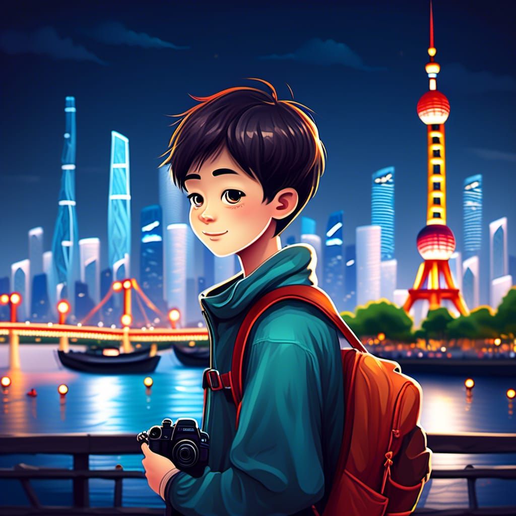 Cute Chinese Boy's Shanghai Travel Illustration