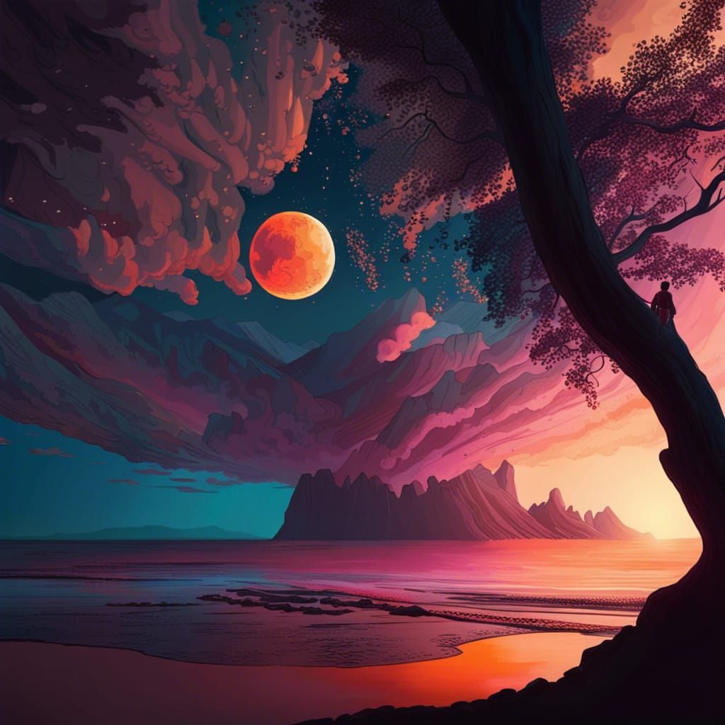 Sci-Fi Sunrise Over Beach with Orange Haze