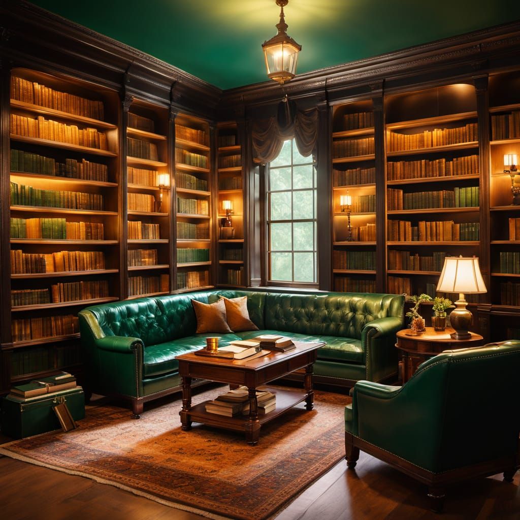 Cozy library. Medium shot. A person sits among emerald green...