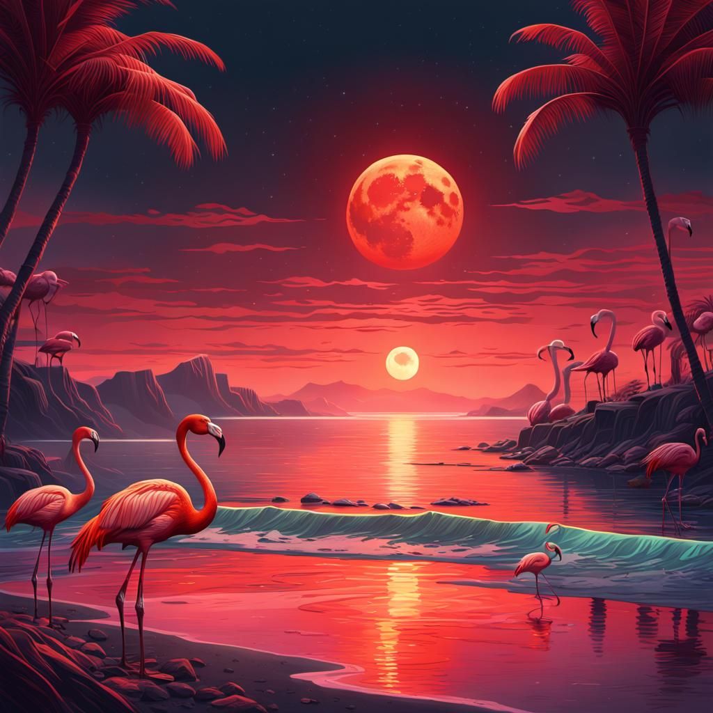 Blood Moon Over Sea with Flamingos: Digital Matte Painting