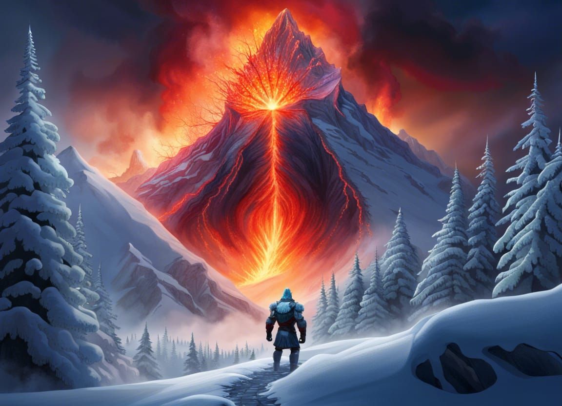 Fiery Elemental Erupts from Winter Mountain