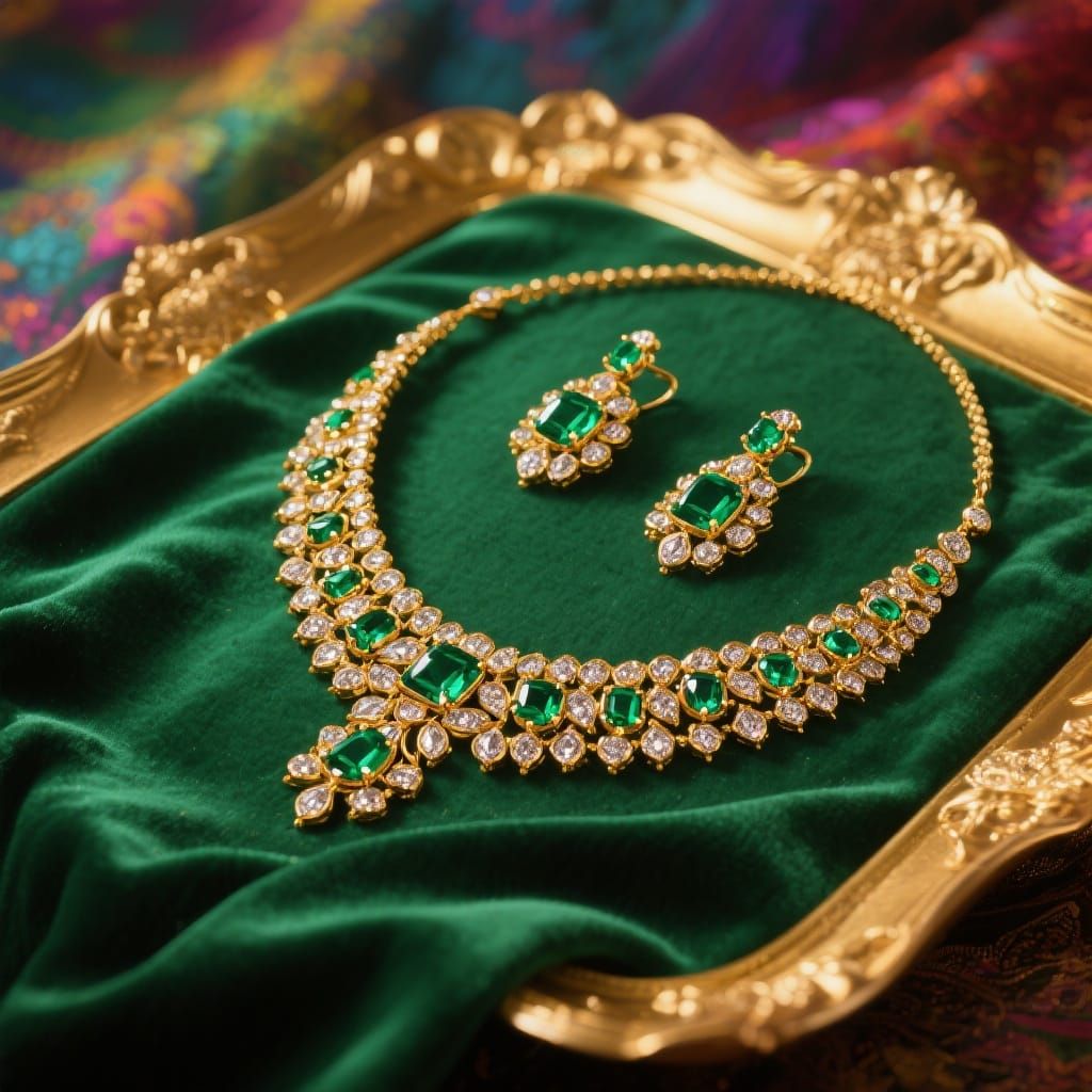 Emerald and Gold Jewelry on Silk in Hyperrealistic Style