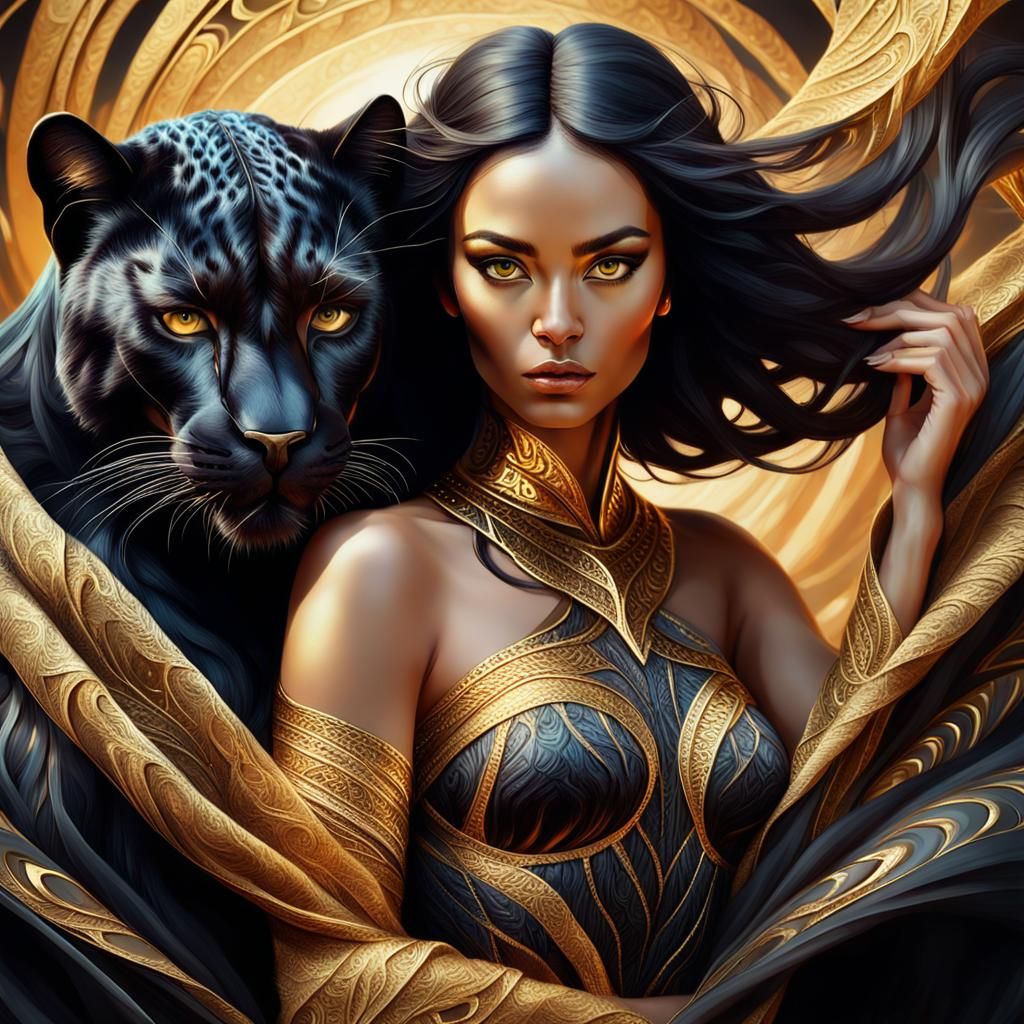 Woman with Panther in Surrealist 3D Fractal Art