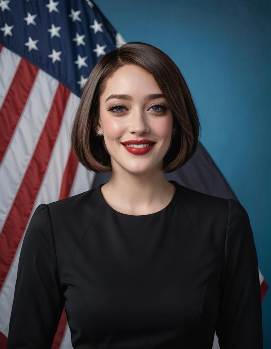 Confident Woman in Black Dress Before American Flag