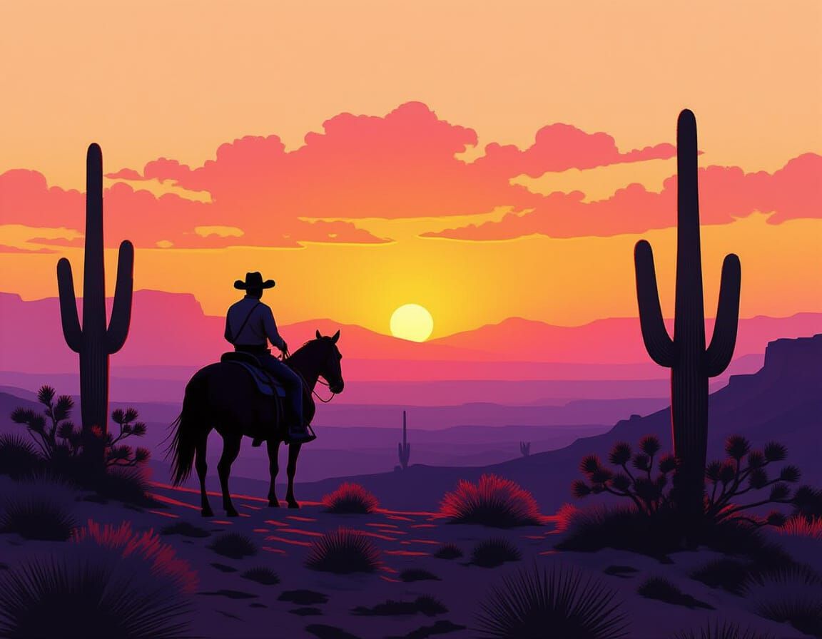 Cowboy Silhouette on Desert Ridge: 1980s Airbrush Art