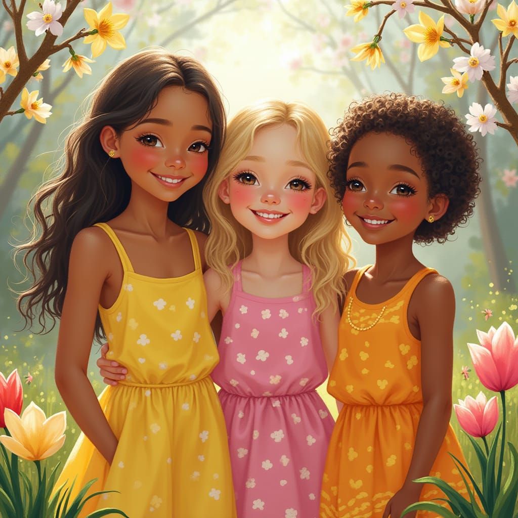 Three Young Girls in a Sunlit Garden during Spring, in Impre...