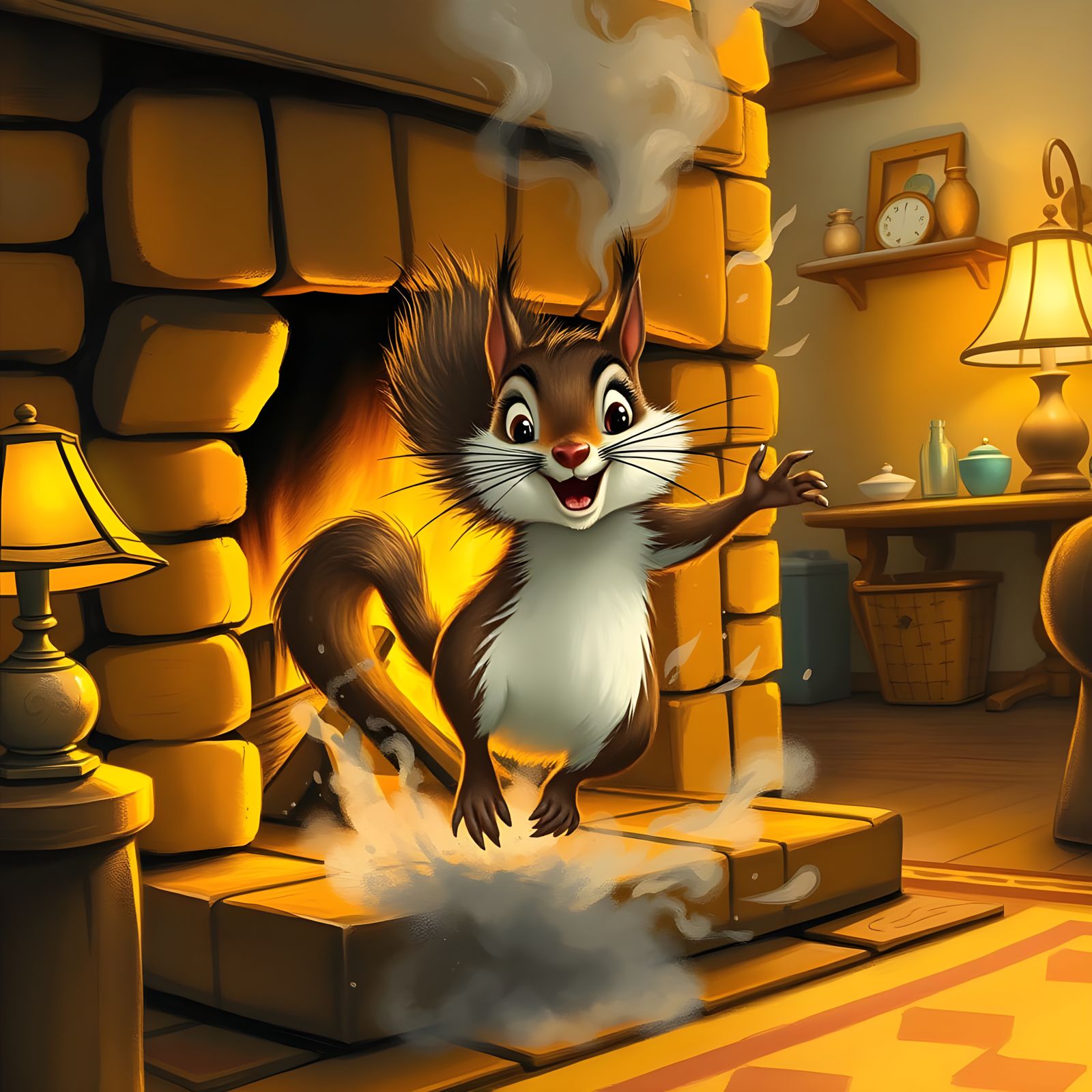 Squirrel Emerges from Cozy Fireplace in Whimsical Illustrati...