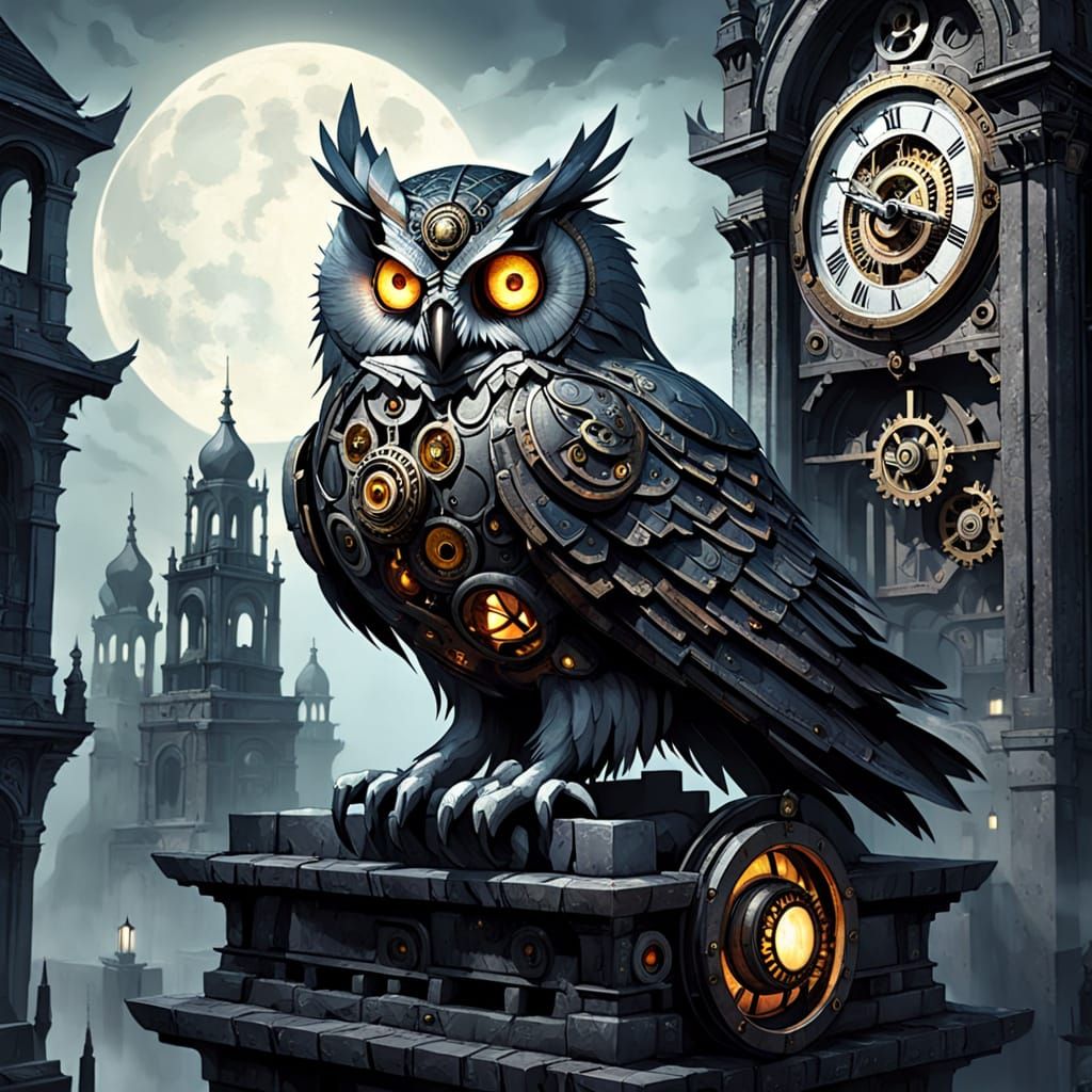 Mechanical Owl on Clock Tower in Dark Fantasy Style