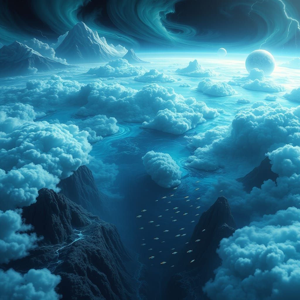 Turquoise Ocean Planet with Majestic Sea Mountains