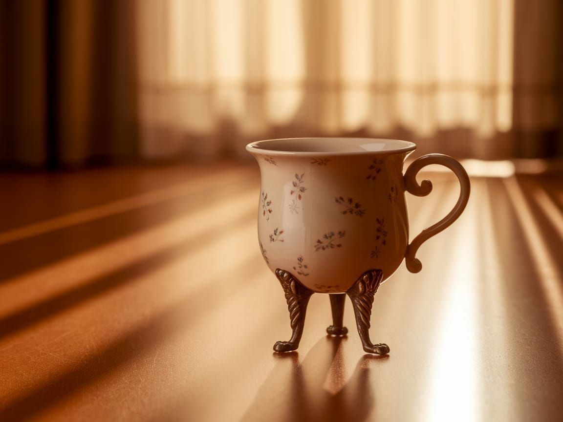 Whimsical Ceramic Mug on Wooden Legs in Golden Hour Light