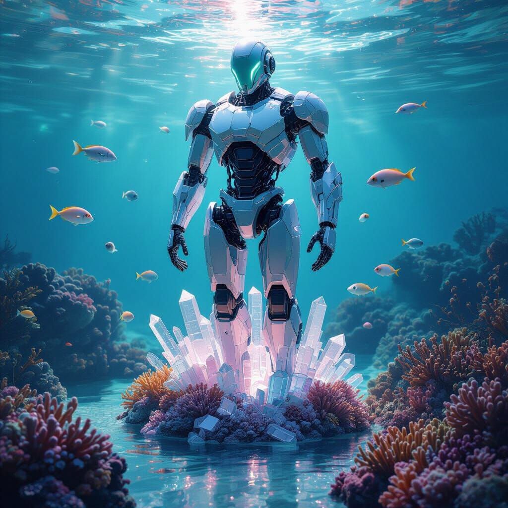 Cyberpunk Robot Sculpture of Frosted Glass in Ocean Depths