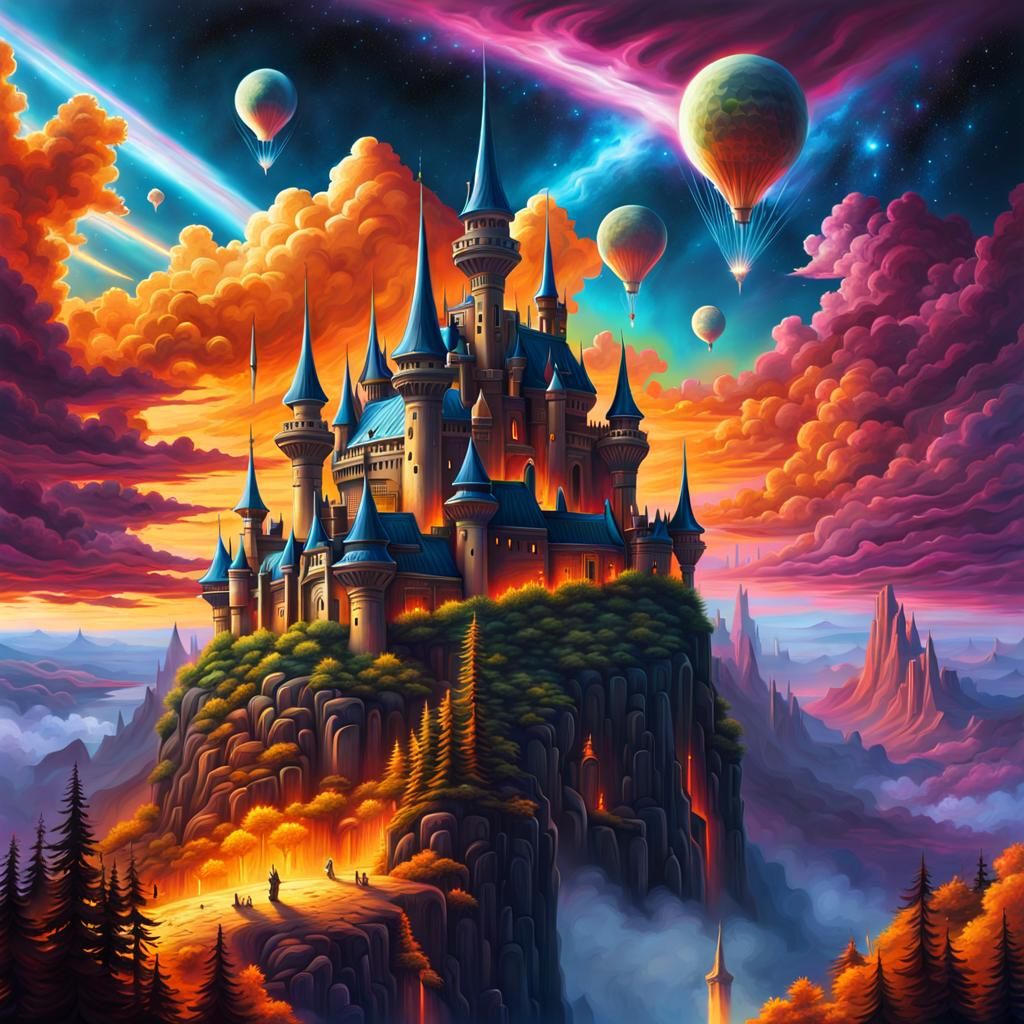 Sci-Fi Castle with Gryphons in Cosmic Sky