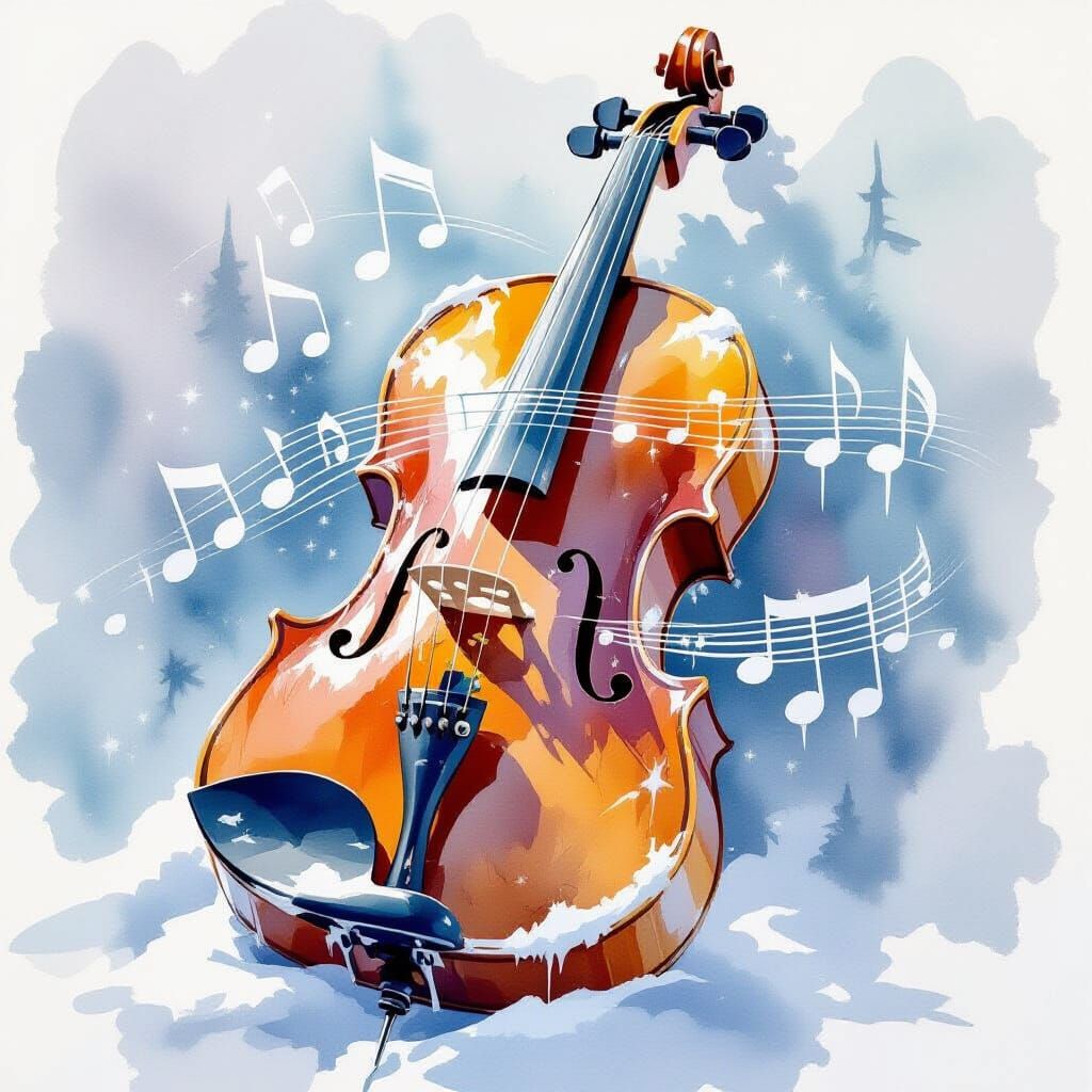 Watercolor Violin with Icy Music Notes