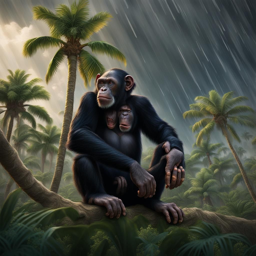 Chimpanzees in Palm Tree During Thunderstorm