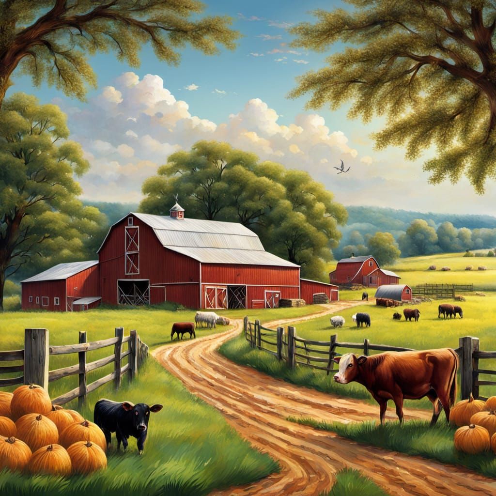 Rustic Farm Landscape with Barn and Animals in Harvest Seaso...