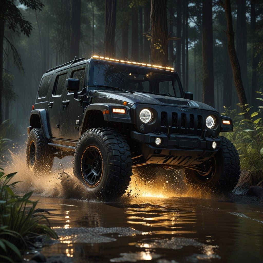 Jeep-Hummer Hybrid Drives Through Forest: Digital Matte Pain...