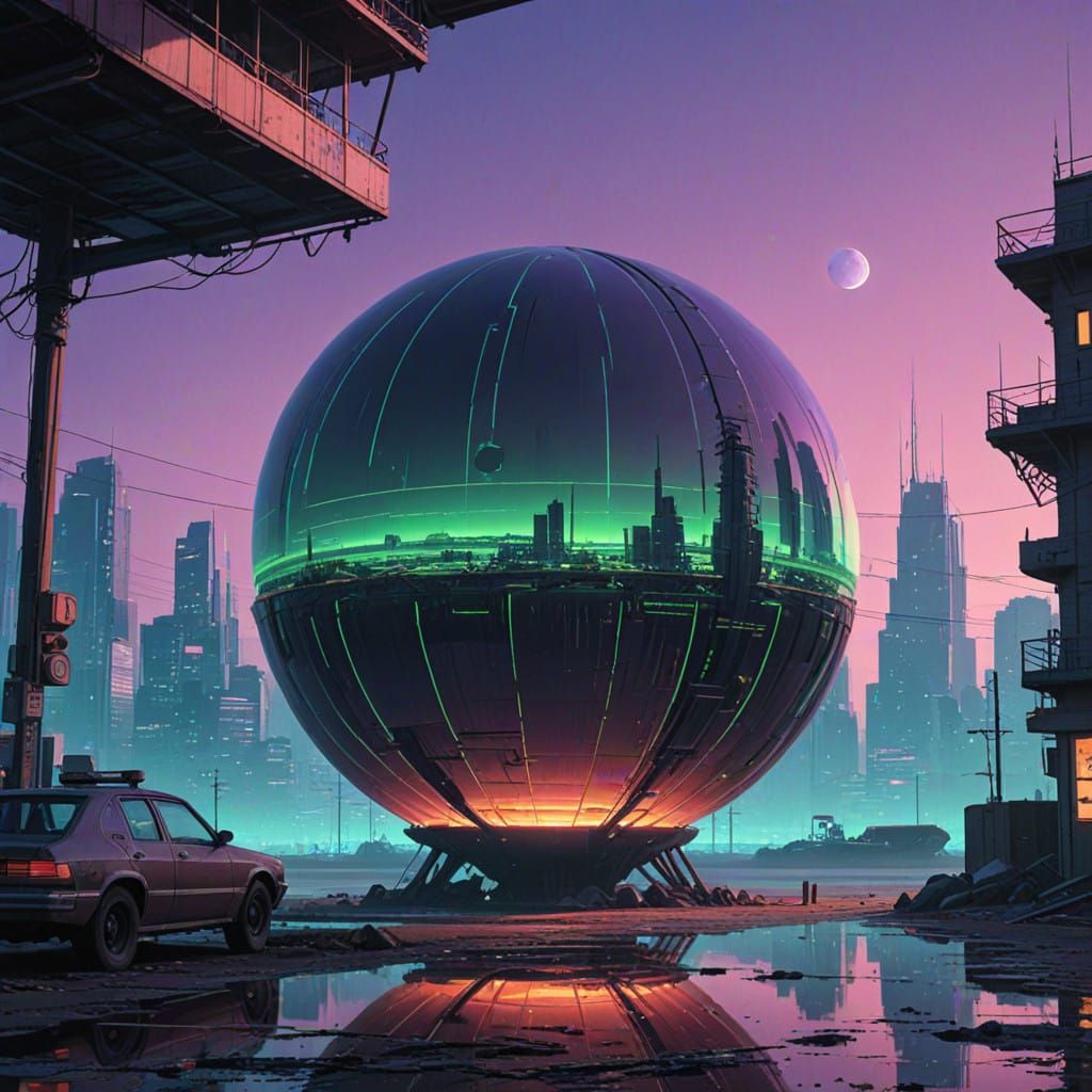 Ethereal 4D Sphere in a Neon Dystopian Dreamscape