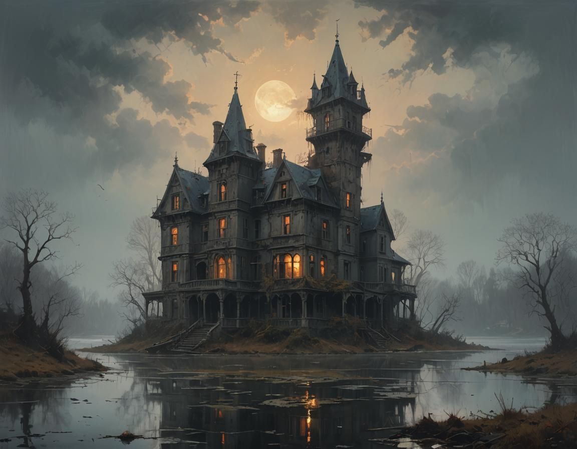 Haunted Manor Oil Painting at Sundown