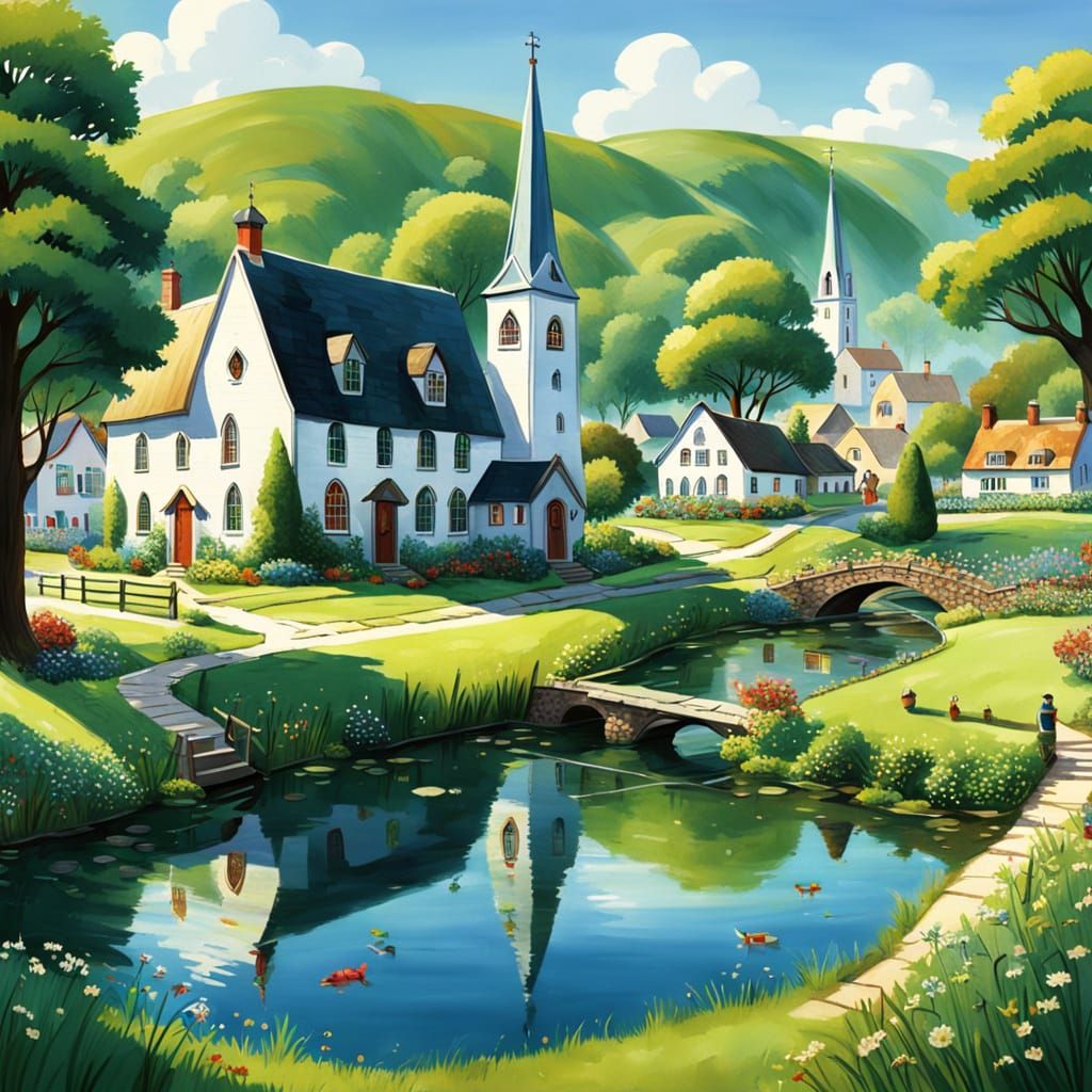 Charming Idyllic Village Scene in Whimsical Style