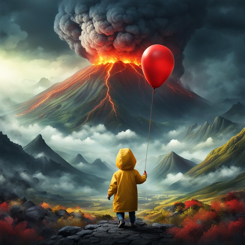 un niño con un impermeable amarillo sosteniendo un globo roj...