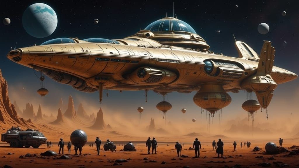 Spaceship Drops Supplies to Mining Colony